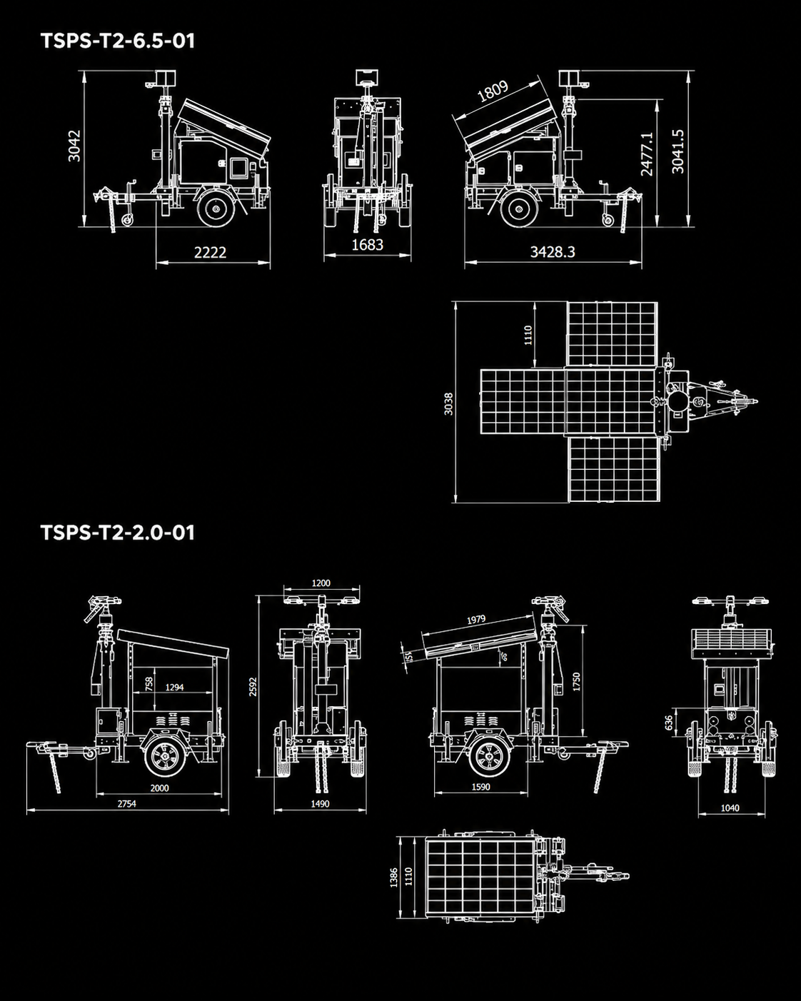 TSPS-T2-6.5-01 and TSPS-T2-2.0-01 dimensional drawings